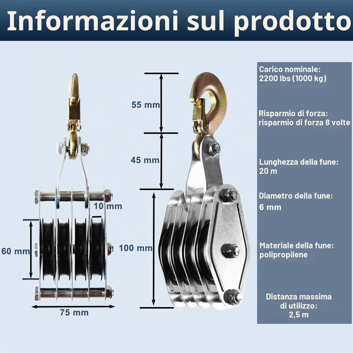 Pesante puleggia a 4 scomparti con freno a fune, 1000 kg max., 20 m di corda in PP, cavo a mano da 8:1 a 2,5 m di altezza di sollevamento