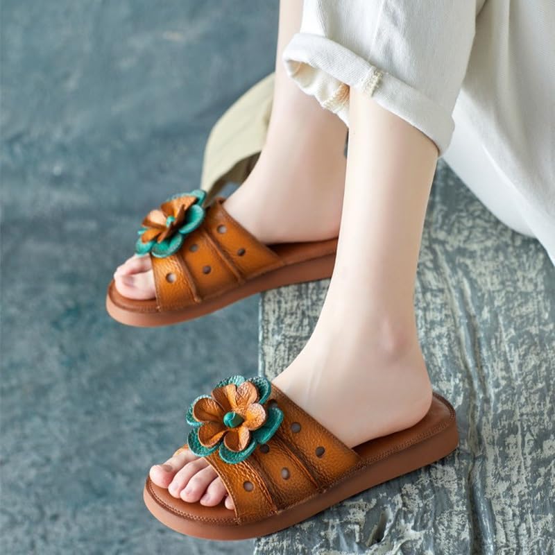 Cowhide Flower Perforated Toe Sandals with Soft Leather Beach Flat Heels3
