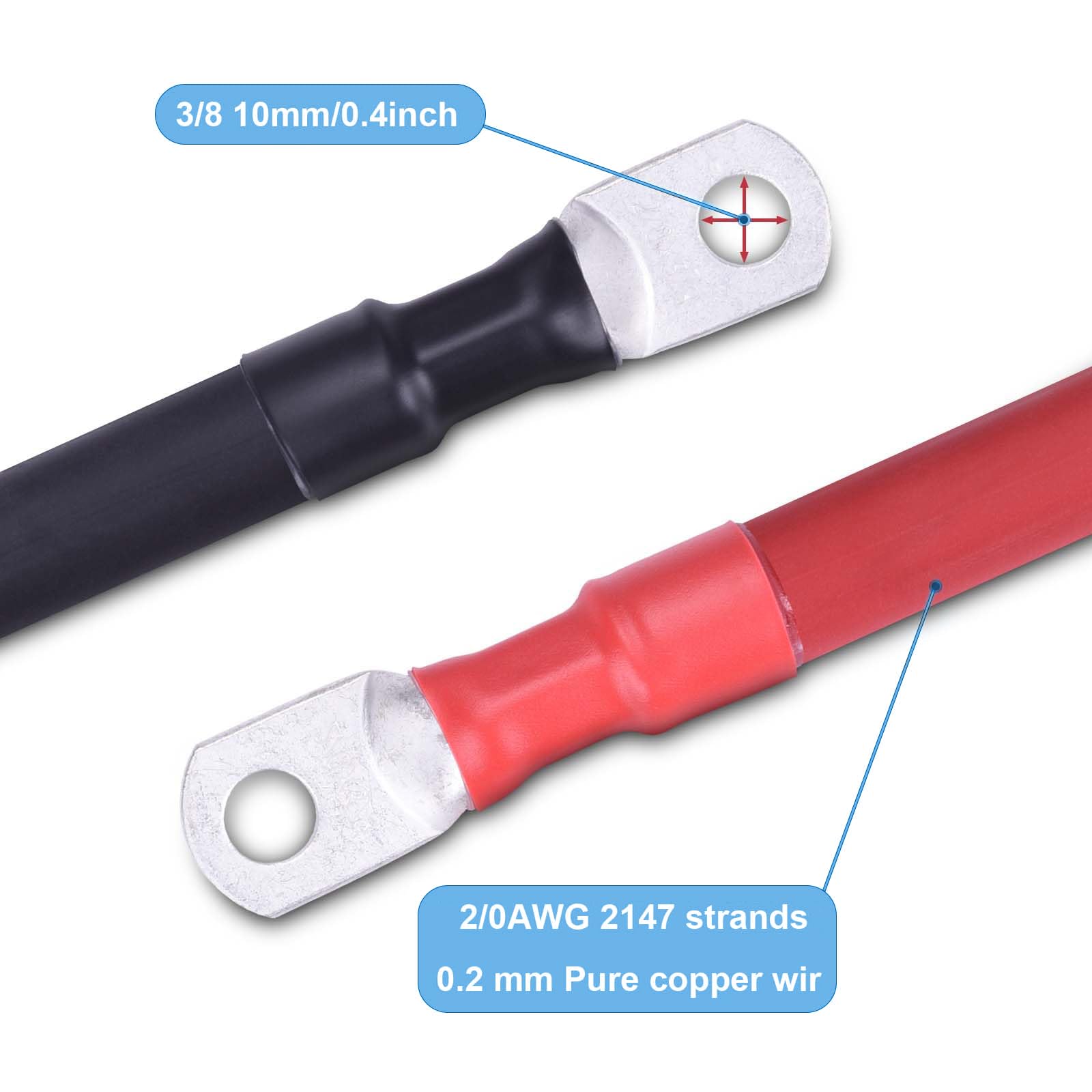 MACHSWON Cavo per batteria calibro 2/0, 3 m, 2 AWG con terminali da 3/8", cavi inverter in rame puro, per autoveicoli, barche, tosaerba, camper, moto (rosso e nero)