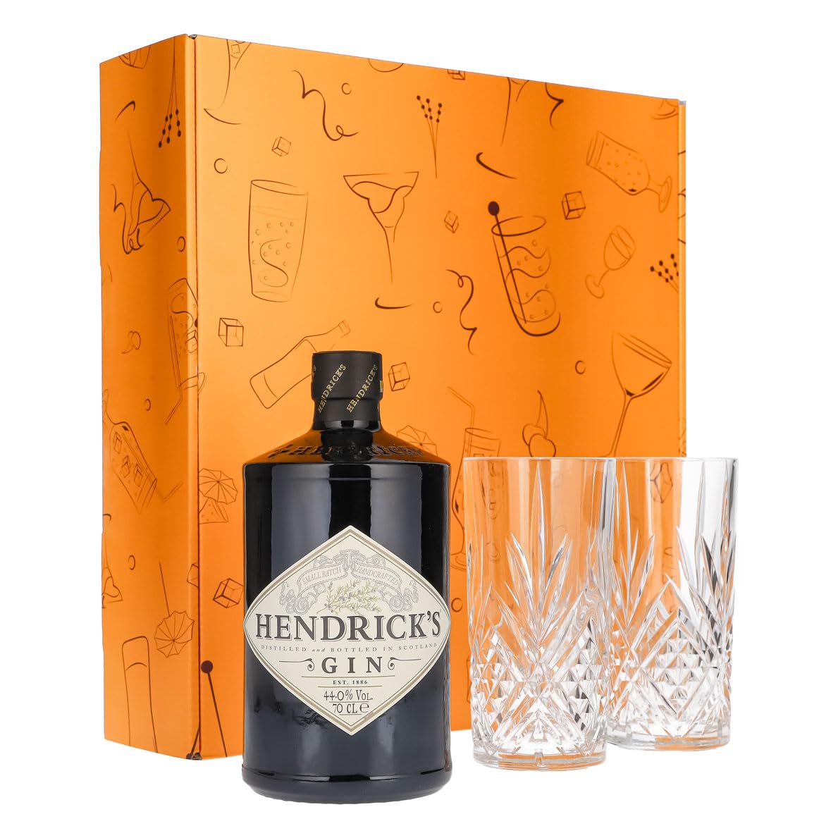Sipply Geschenkset 3-teilig mit 2 Longdrinkgläser Relief und 1 Flasche Hendricks Gin 0,7l 44,0% Vol. | mit Geschenkverpackung: Orange | Geschenk für Frauen Männer Papa Freundin zu Weihnachten Ostern