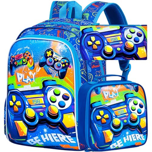 Image of Gamer Backpack for Boys, 16 inch Kids Bookbag with Lunch Box, 3Pcs Gaming School Backpacks for Elementary Preschool Kindergarten (Blue)