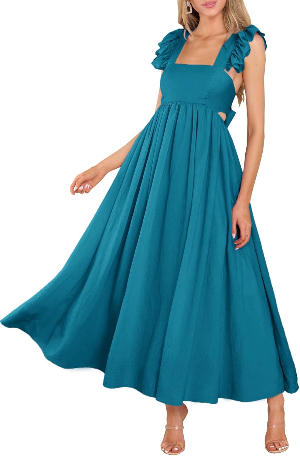 MITILLY Women's Summer Flutter Sleeve Square Neck Tie Back Casual Pleated A-Line Flowy Maxi Dress with Pockets Small Peacock Blue