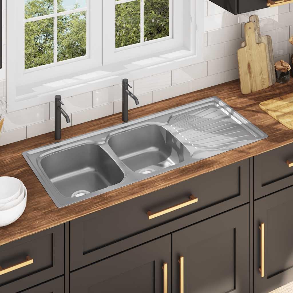 vidaXL Fregadero de Doble Seno con Colador y Sifón Pila Lavabo Alberca Comedor Cocina Servicio Grifo Lavar Olla Platos Integrado Acero Inoxidable