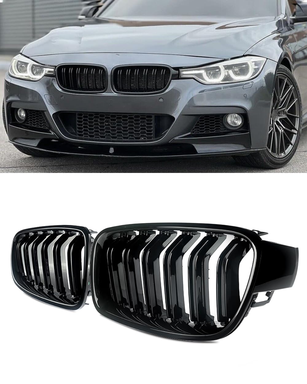 SAIQINGSP Double Slats Gloss Black Front Grill Compatible with 2012-2018 BMW 3 Series F30 F31 F35 320i 328i 335i, ABS Kidney Grille