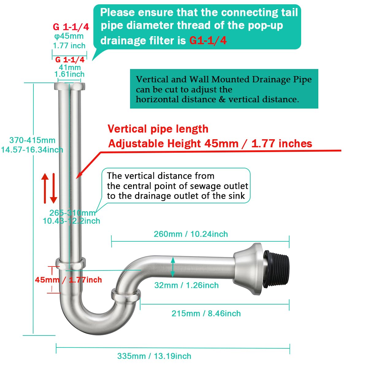 Tubo de drenaje de latón en forma de U de 1 1/4 pulgadas con tubo de extensión de junta deslizante, longitud de tubo vertical de 12 pulgadas, altura ajustable, kit de drenaje de trampa de residuos