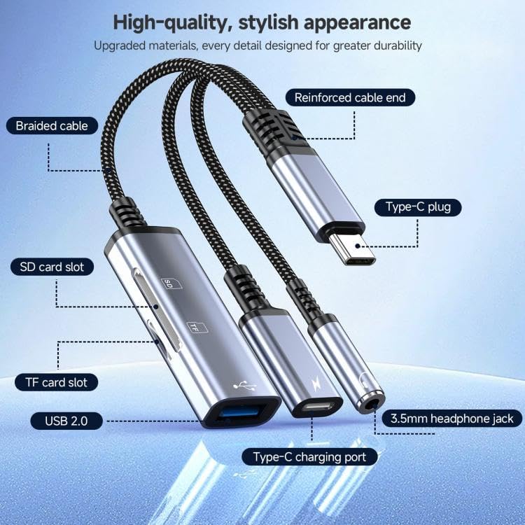 Image of 4-in-1 USB C to 3.5mm Headphone Audio Adapter with 60W PD Fast Charging, USB OTG Dongle & TF /SD Card Reader, Hi-Res DAC Splitter Compatible with 1Phone15 /16, 1PadPro, Mac Book, Gal.axy S23 (3 in 1)