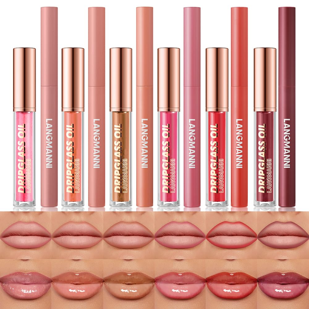 12 Pcs Hydrating Lip Oils + Lip Liner Pencil Combo Sets