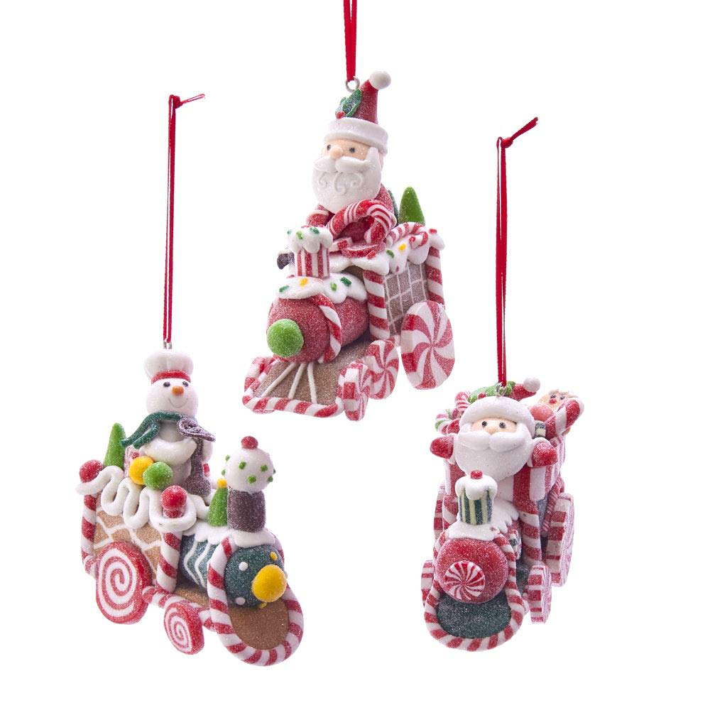 The Bridge CollectionClaydough Gingerbread Train Ornaments, Set of 3 Unique Santa, and Snowman on Peppermint Candy Trains Christmas Ornaments