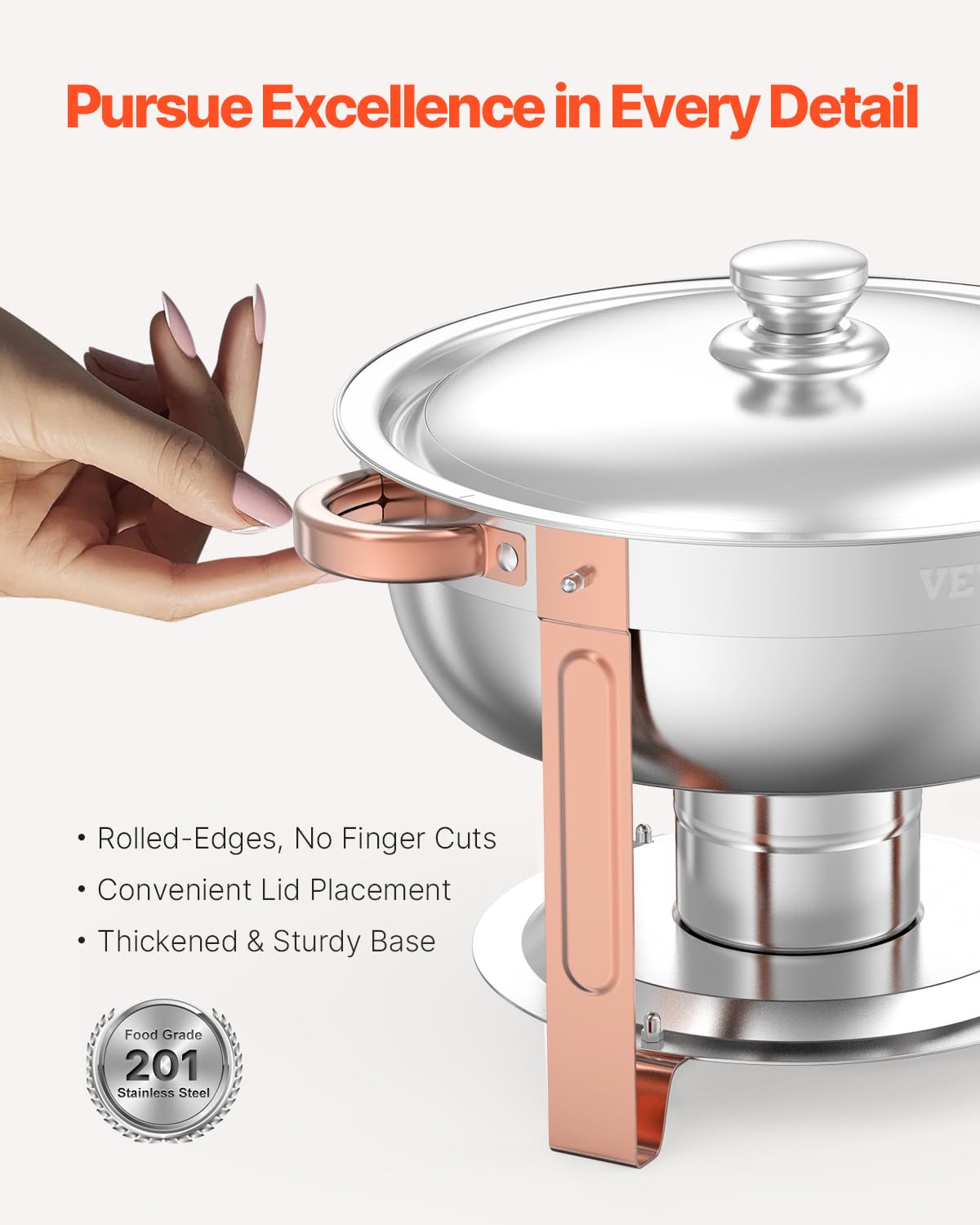 VEVOR Scaldavivande per Buffet con 4 Padelle Full Size Dispenser di Calore Rotondo per Catering con Coperchio, Porta Carburante e Vaschetta per l'Acqua per Matrimoni, Feste, Oro Rosa 4,7 L