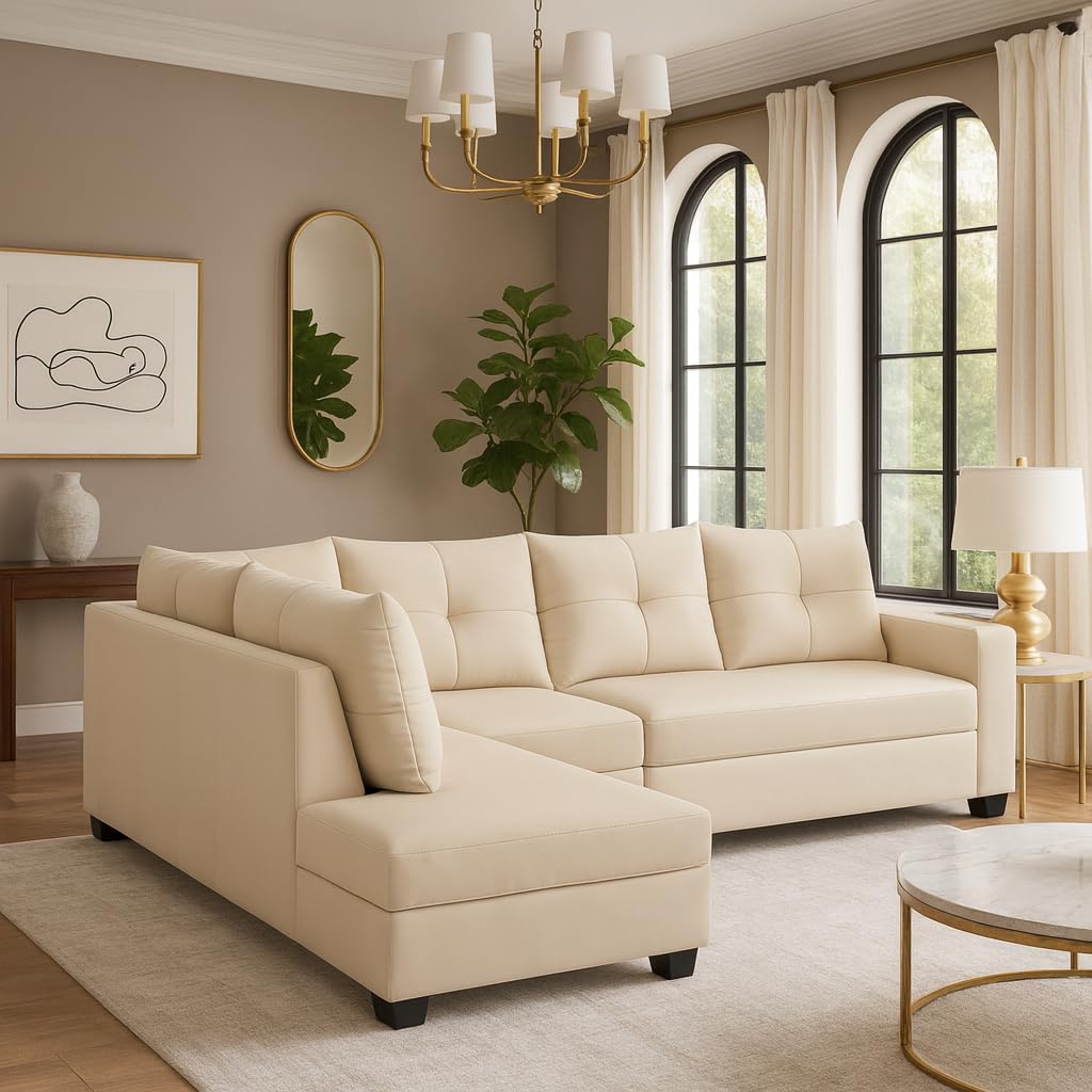 Oriana 6 Seater LHS L Shape Sofa Set | Soft Velvet Suede Fabric | Modern Design | Plush Comfort Cushions for Living Room (Cream) Oriana 6 Seater LHS L Shape Sofa Set | Soft Velvet Suede Fabric | Modern Design | Plush Comfort Cushions for Living Room (Cream)