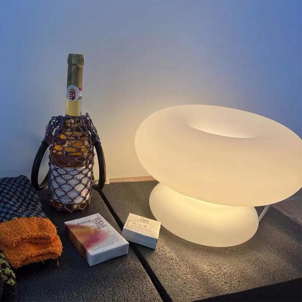 AoLa LED Donut Tischlampe Pilz Tischleuchte mit Kabel und Schalter Weiß Glas Lampenschirm Rund Deko Nachttischlampe Moderne Design Nachtlicht für Wohnzimmer Schlafzimmer Kinderzimmer WarmWeiß