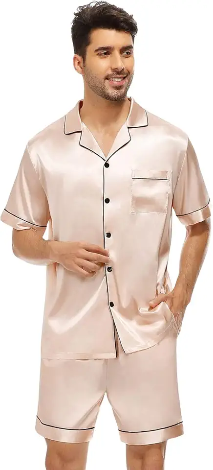 Pijama Masculino Americano Cetim de Seda com Elastano Bolso botão Manga Curta e Short