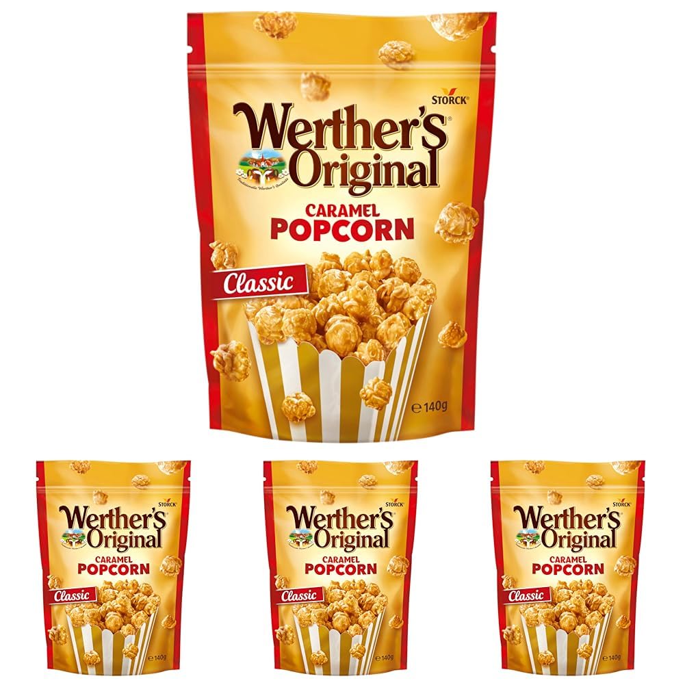Werther'sOriginal Caramel Popcorn, Gourmet Popcorn with a Caramel Twist, 140 g (Pack of 4 Bags)