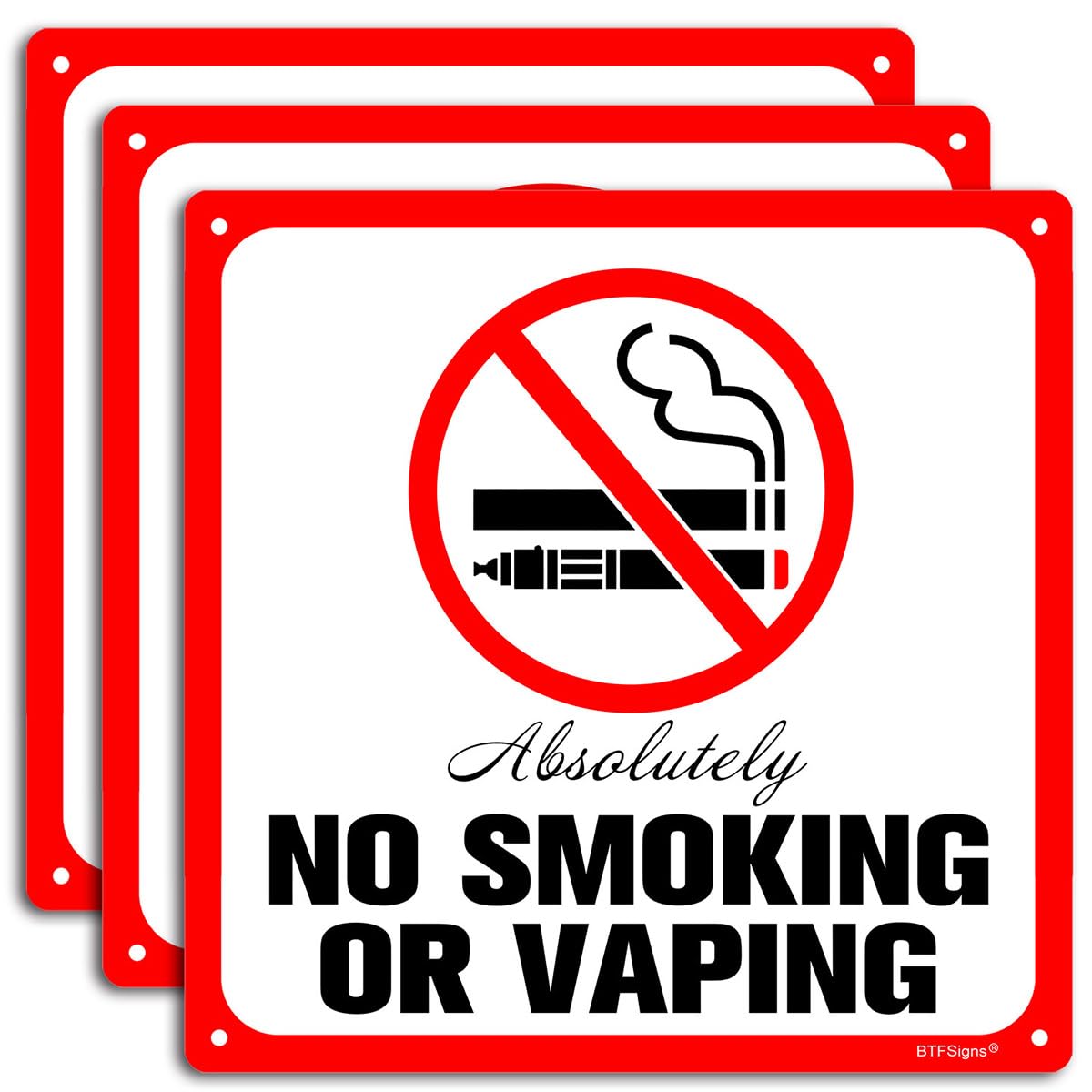 (3 pack) Absolutely No Smoking No Vaping Sign, 8"x12" Aluminum Warning Signs Conspicuous Red 4 Pre-drilled Holes
