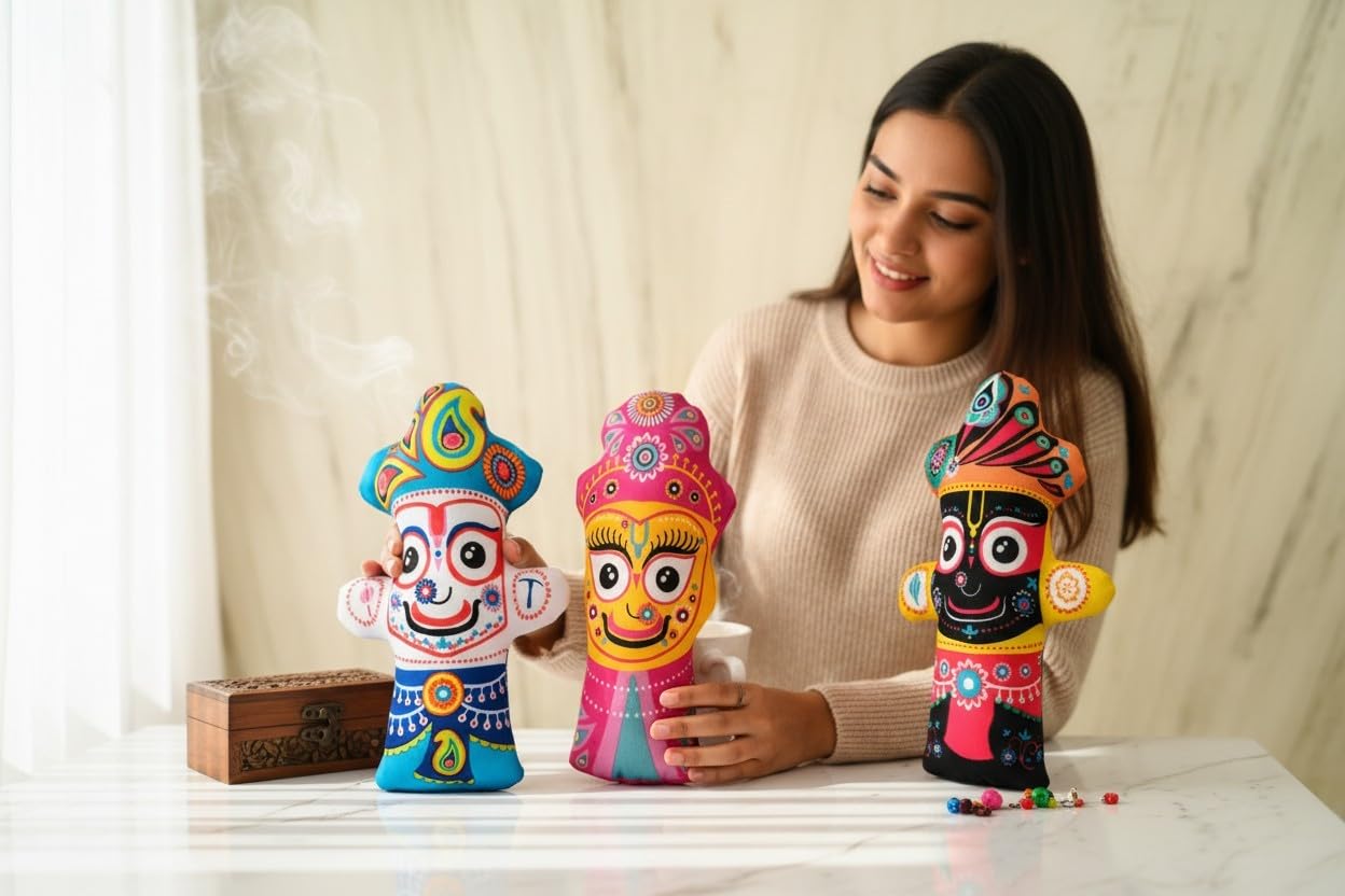 Jagannath, Baldev & Subhadra Soft Toy Set Height 7 inch Devotional Plush Stuffed Dolls for Kids, Cuddly and Huggable Baby Toys for Spiritual Play and Festivals-image-34