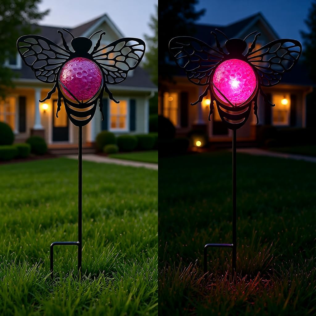 Bee Solar Lights Outdoor Decorations, 2 Pack Metal Iron Solar Stake Lights for Yard, Garden, Lawn Decor
