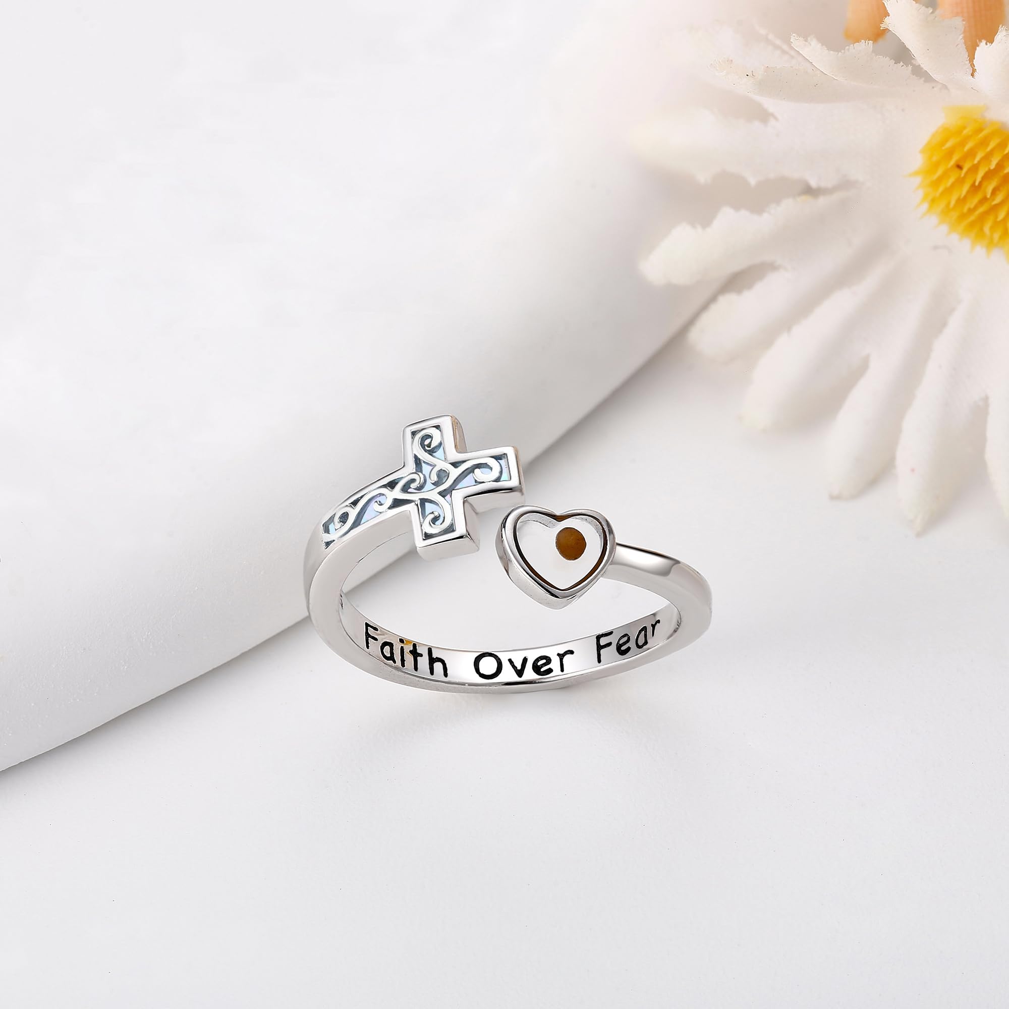 Anello a croce in argento Sterling con croce di fede/senape, regolabile, anello di fede cristiana, gioielli religiosi, regalo per donna, One-Size, metallo prezioso, Non pietra preziosa