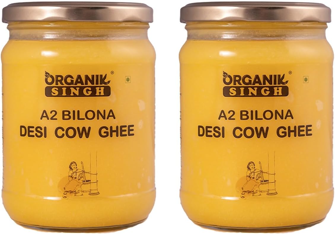 Organik Singh A2 cow Desi Ghee – 500 ML (PACK OF 2) | Made using Vedic Bilona Method | A2 Certified | Curd – Churned A2 cow ghee | Grass-fed Desi cow ghee | Lab Tested | Packed in Glass Jar