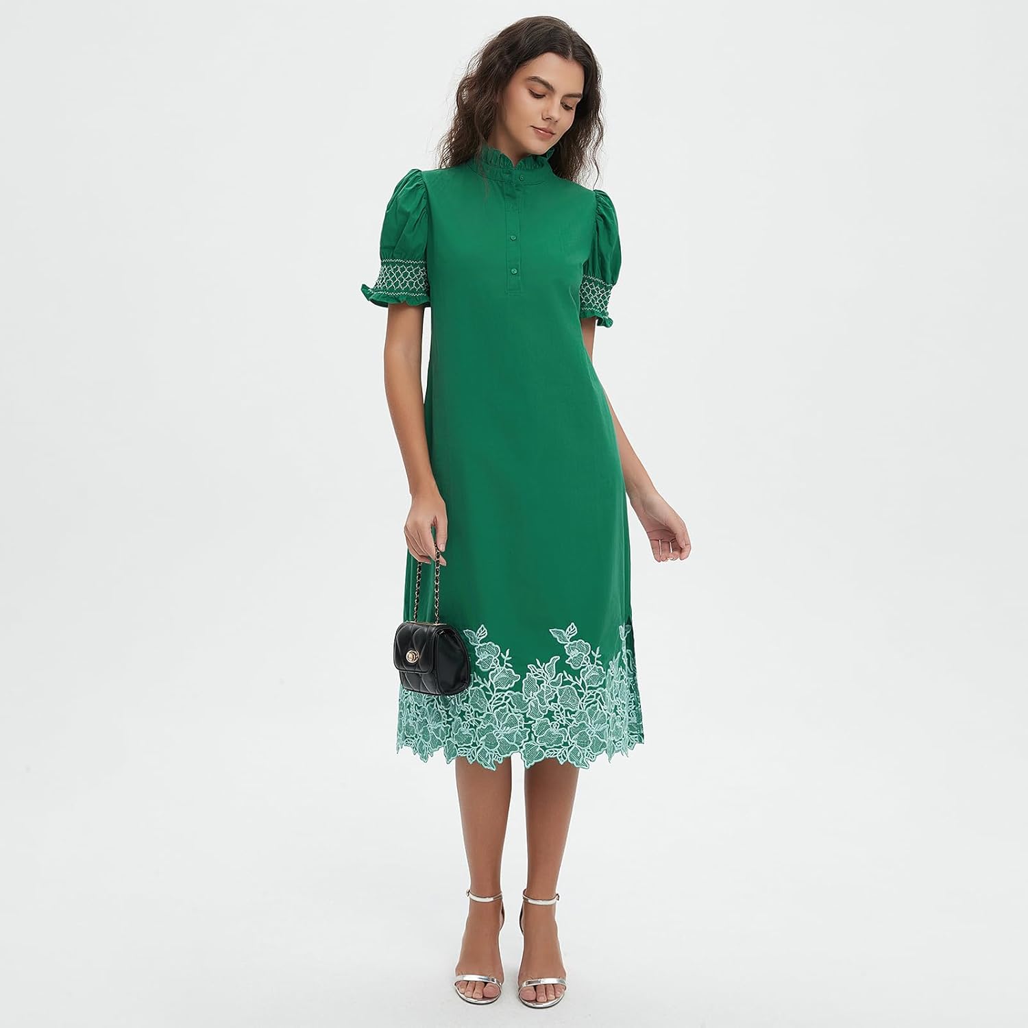 Womens Casual Shirt Dress Button Down Short Sleeve Midi Dress Flower Embroidery Slit Spring Summer Fall Fashion Dresses - Image 5