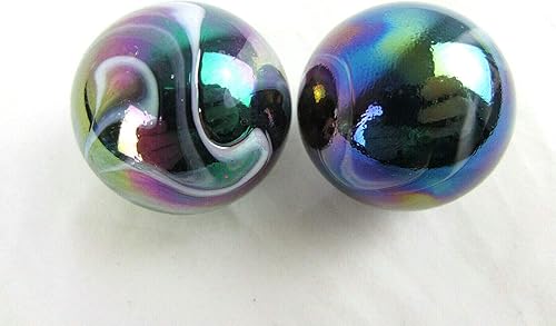 Miniatura 2 de Juego de 2 canicas de vidrio sólido de 1.378 in de color morado y dorado metálico iridiscente remolino brillante