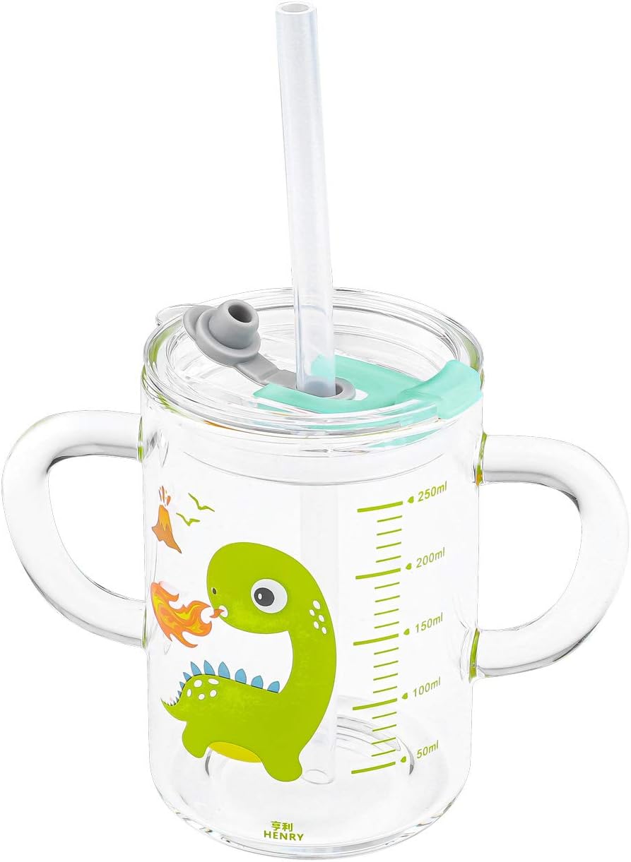 XINCHIA Glass Milk Cup 250ml Measuring Cup Cute Cartoon Sippy Cup with Silicone Straw & Leakproof Lid Heat-Resistant Drinking Glasses Double Handles Straw Cup with Scale Value for Water Milk Juice