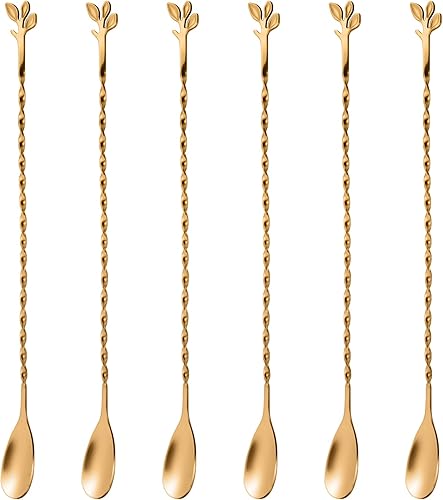 AnSaw Cuchara mezcladora de acero inoxidable de 12 pulgadas, 6 cucharas de barra con patrón en espiral dorado