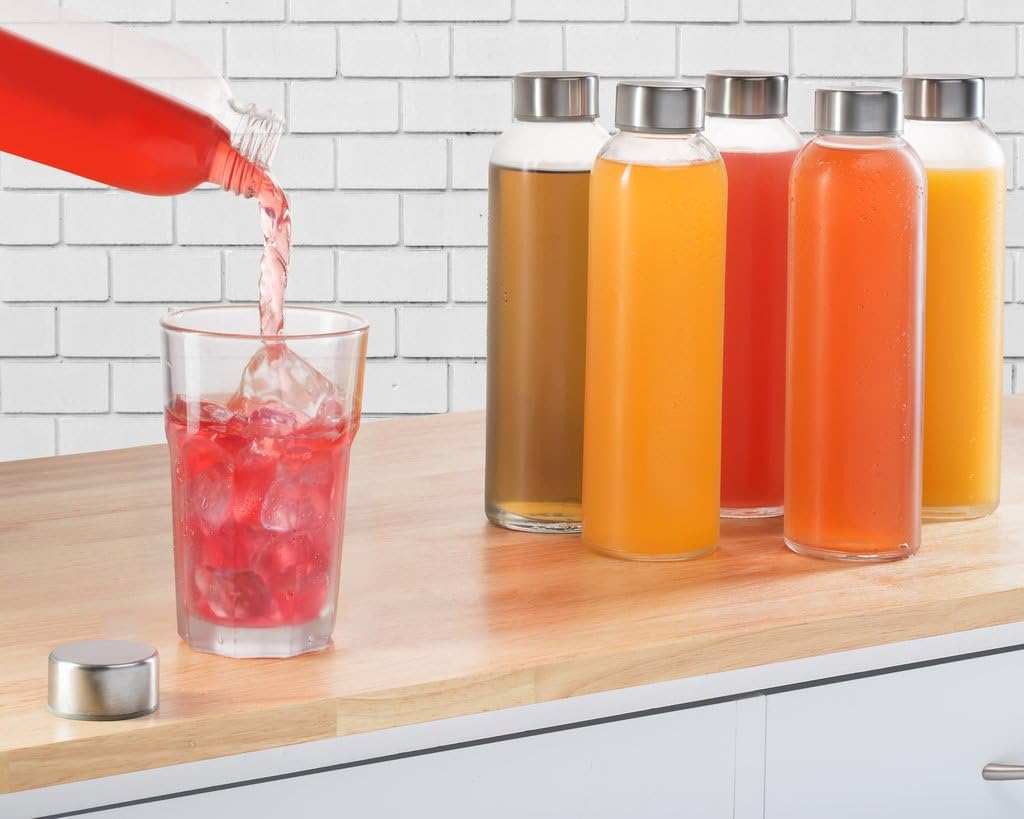 glass bottles 6 Pack 16oz - glass drinking bottles for Beverage and Juice - water bottle glass with stainless Steel Caps with Carrying Loop - Leak-Proof Lid