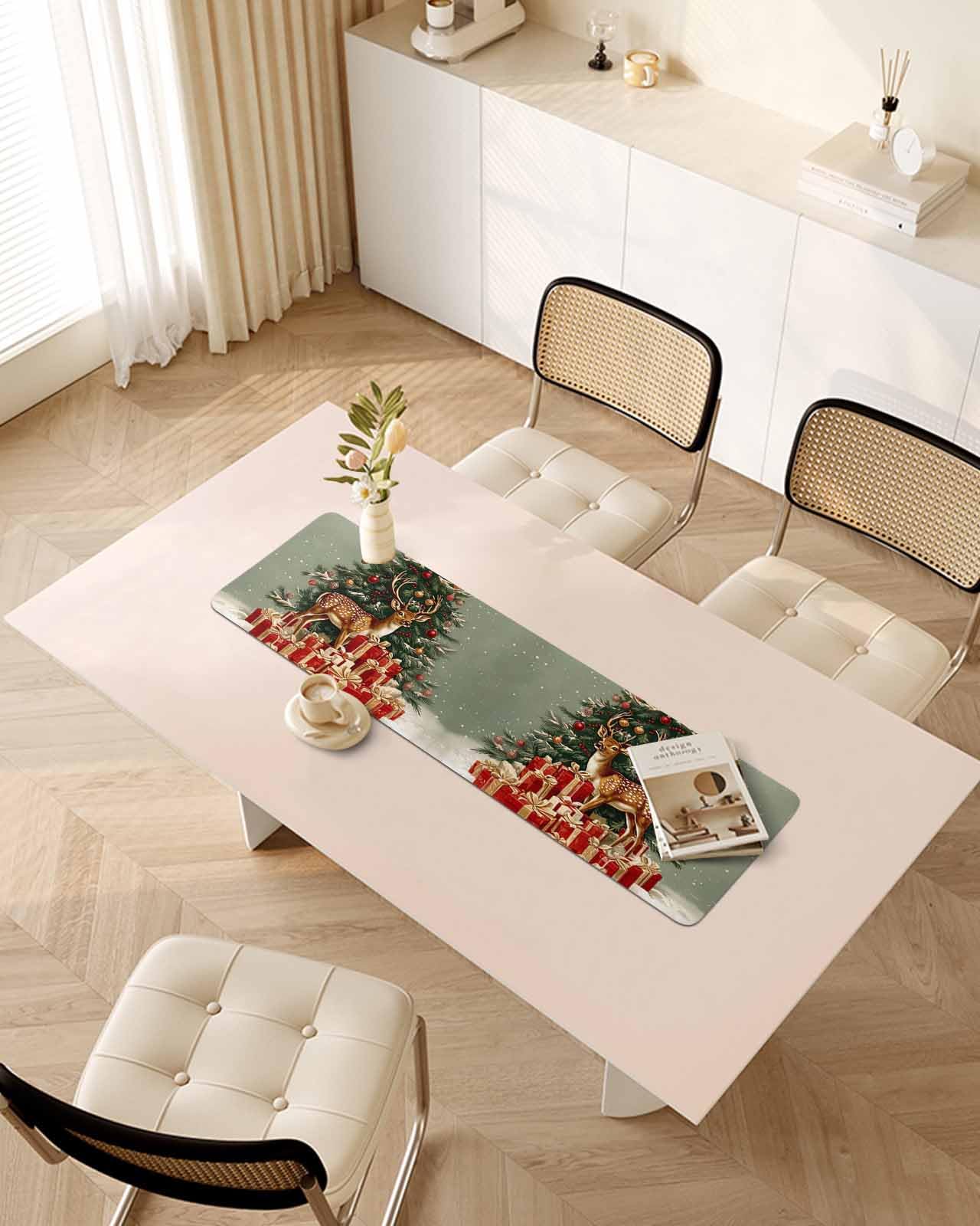 Debedcor Heat Proof Table Pads Waterproof Decorative, Christmas Elk Non-Slip Table Countertop Protector, Winter Xmas Tree Present Snowflake Insulation Mat for Kitchen Room, 40 x 12 Inches