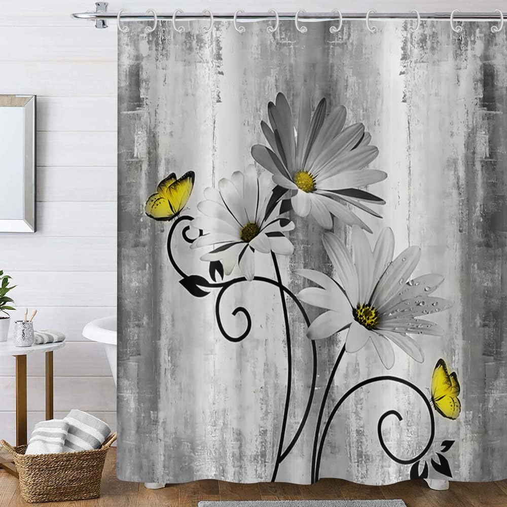 Hnmdmyi Farmhouse Floral Shower Curtain 150x180, Rustic Grey Daisy Flowers and Butterfly on Country Wooden Board Bathroom Curtains Waterproof Polyester Fabric Washable Bath Curtains with Hooks