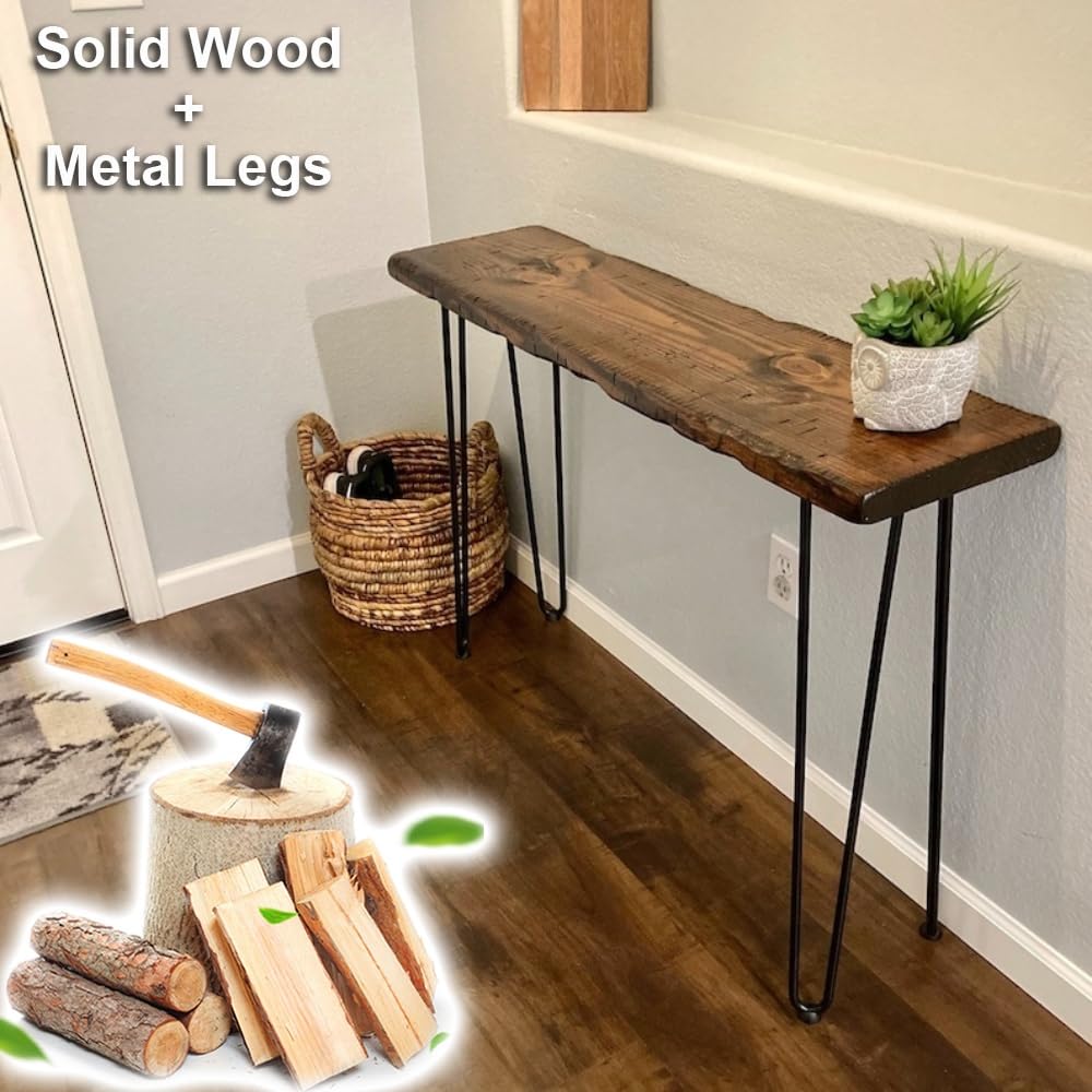 Mesa consola con cubierta de radiador de madera con patas de horquilla, diseño estrecho para entrada o sofá, ideal para espacios pequeños