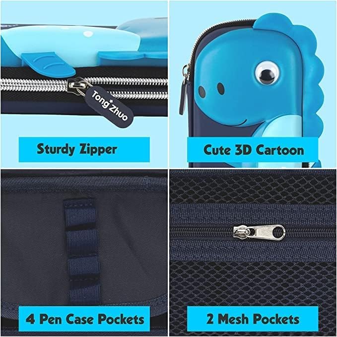 Image of Dinosaur Hardtop Pencil Case with Multiple Compartments - Kids School Supply Organizer Students Stationery Box - Girls Pen Pouch (Small Dinosaur Pouch Blue)