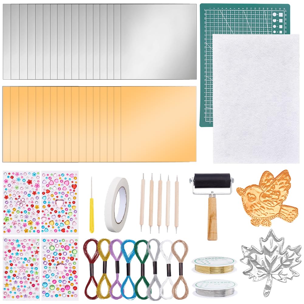 OLYCRAFT 51Pcs Metal Embossing Kit Tin Aluminum Art Paper Kit Include 12x12cm Aluminum Embossing Foil Sheets Felt Cutting Mat 3D Stickers Floss Copper Wire Ink Roller for DIY Handcraft Supplies