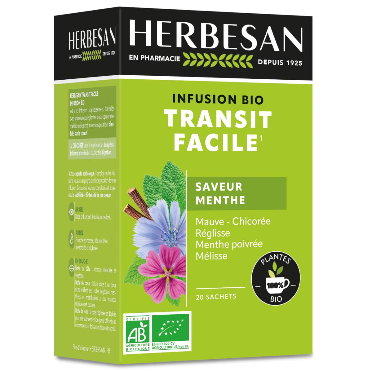 HERBESAN®- INFUSION TRANSIT FACILE BIO- Saveur Menthe - Sans plastique- 100% plantes bio - 20 sachets en papier
