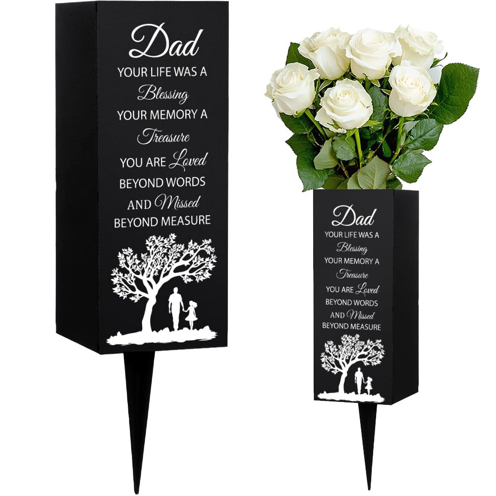 WEBEEDY Cemetery Vases for Grave Dad Memorial Gift Grave Vases with Spike Tree Cemetery Decorations for Graves Sympathy Gift for Loss of Father Happy Heavenly Birthday, Father's Day, 8x20cm, 1 Pcs