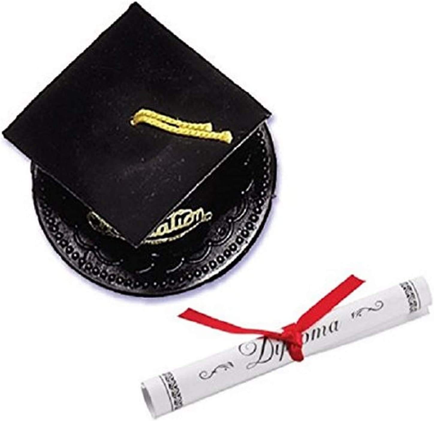 Black Graduation Cap Cake Topper with Diploma (Black)