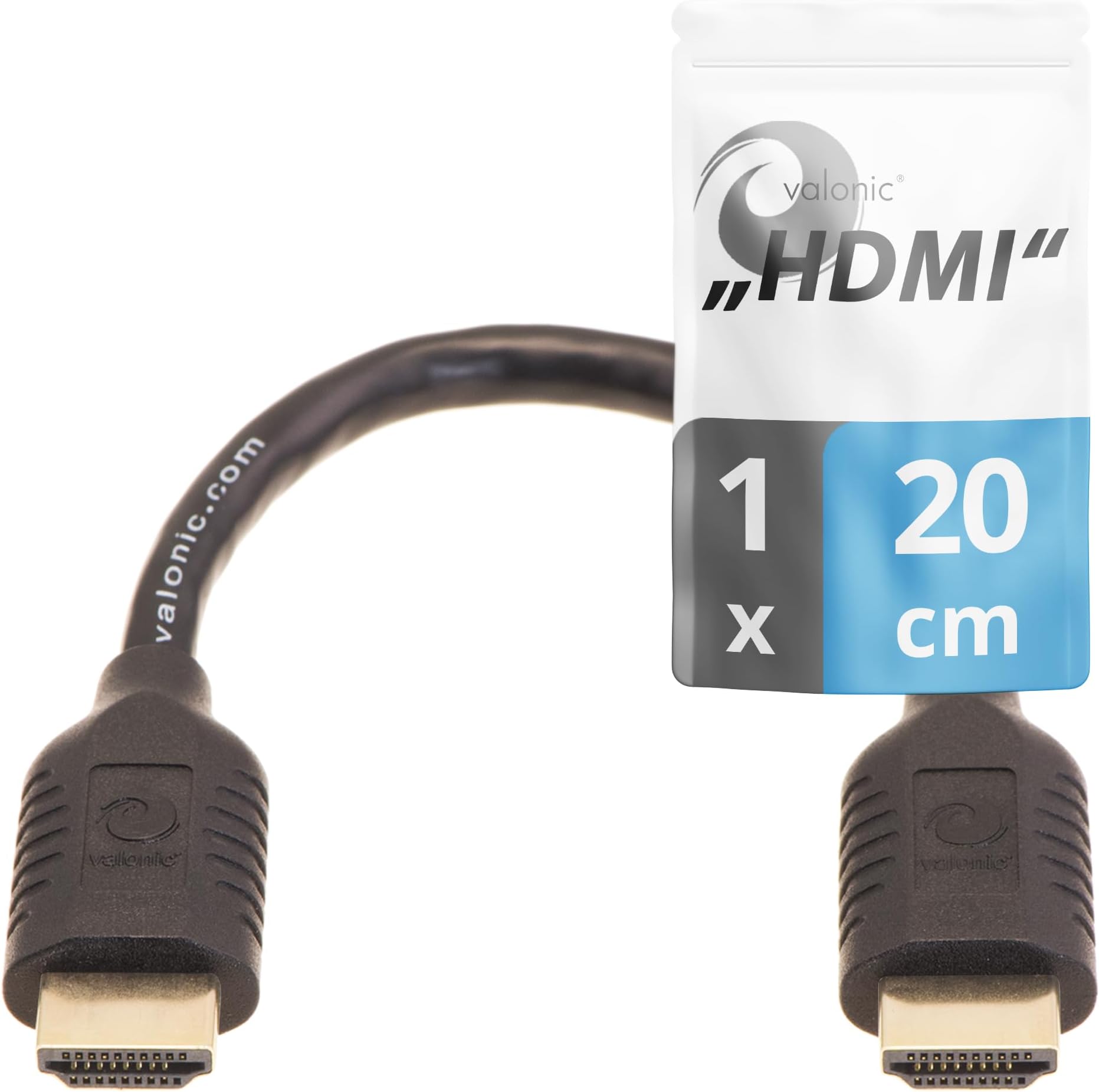 valonic short HDMI cable - 20cm, 4k, Full HD, ARC, high speed, ultra HD, ethernet - for TV, PS5, XBOX, 30 AWG, black, 0.2m