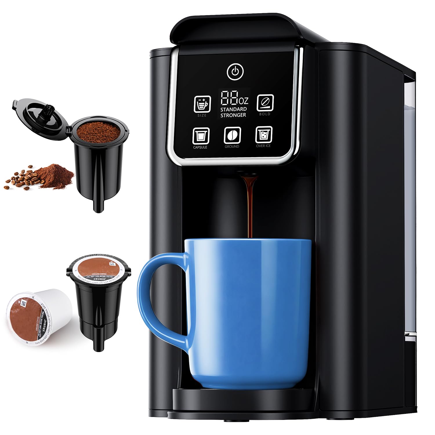 SHARDOR Single Serve Coffee Maker 2.0, Hot and Iced Coffee Machine for K Cup Pods & Ground Coffee, 6 to 14 oz Brew Sizes, 50 oz Removable Water Tank, Bold Brew Setting, Stainless Steel, Black