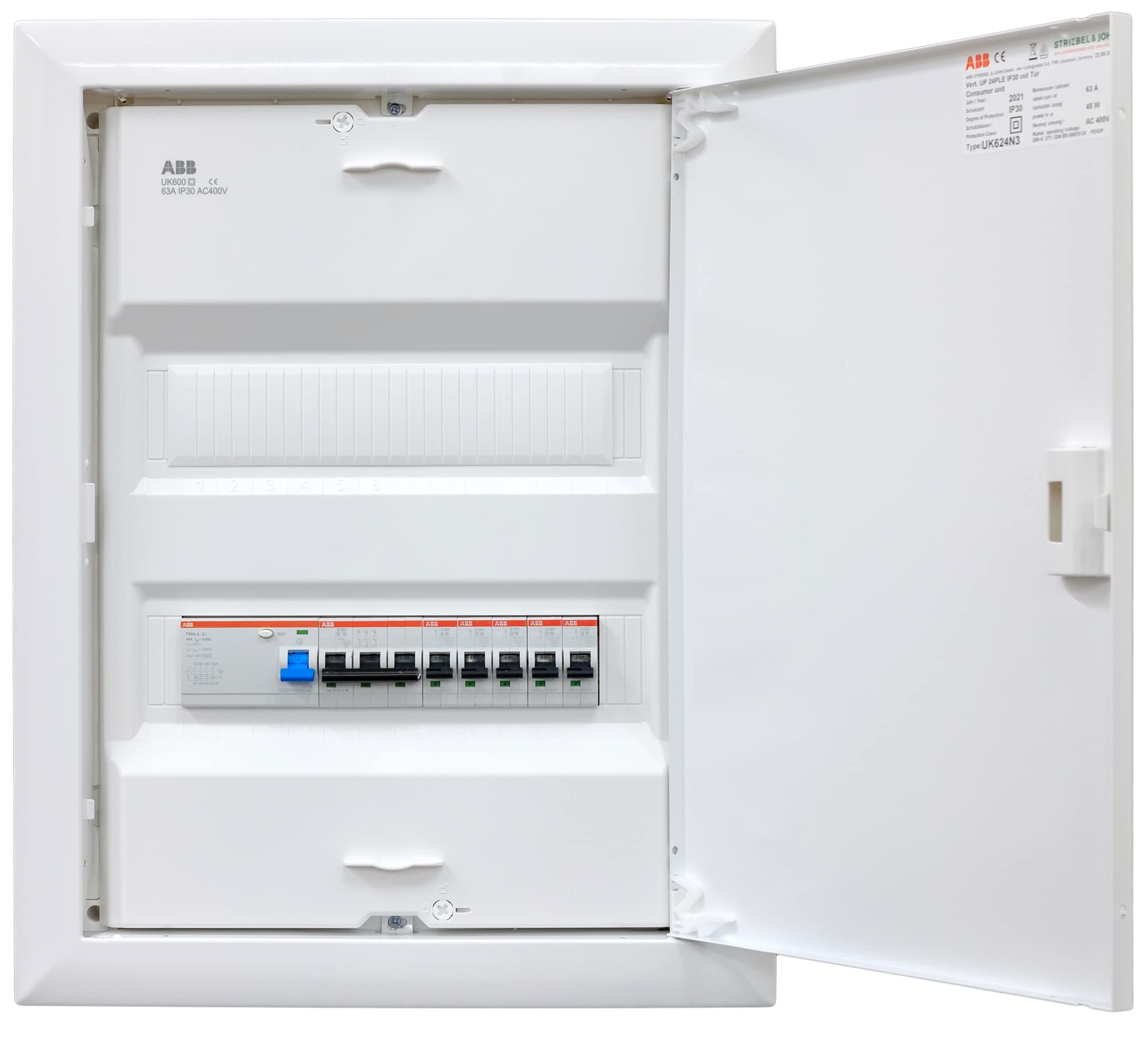 ABB (STRIEBEL&JOHN) Verteiler Hohlwand 2-reihig UK624N3 ANSCHLUSSFERTIG verdrahtet mit Klemmblock. Bestückung ABB 1x FI 4-pol. + 1x 3pol + 5x 1pol LS B16A