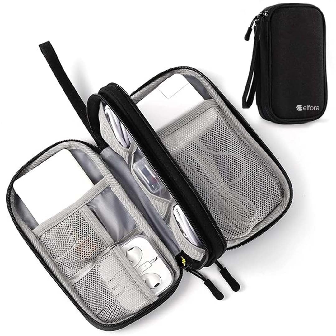 Elfora Cable Organizer Pouch | Travel Organiser Bag | Double Layer Storage for USB Cables, Chargers, Earphone, Power Bank, Hard disc & Other Accessories | Durable Nylon Case with Mesh Pockets (Black)