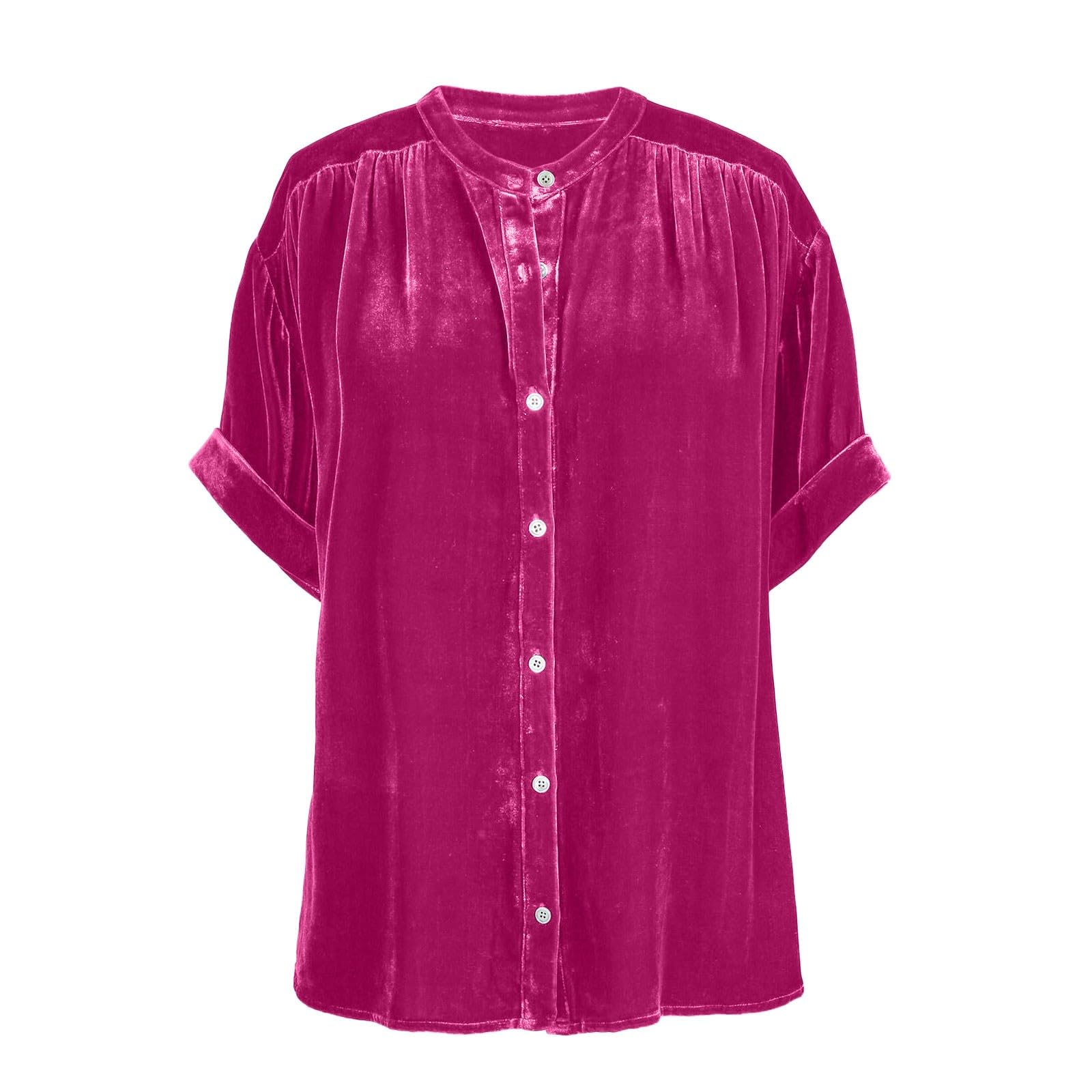 Top in velluto da donna, elegante, casual, con bottoni, comoda e morbida, a maniche corte