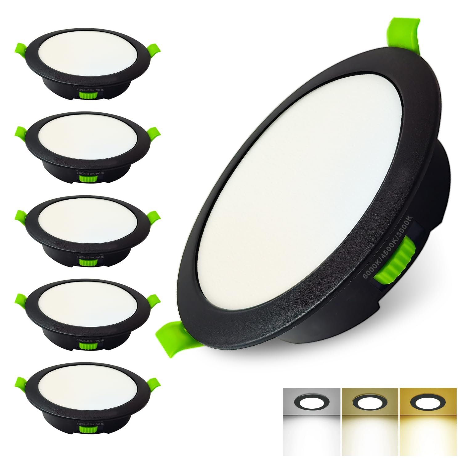 Sweier Black LED Downlights, 7W Dimmable Ultra Slim Recessed Ceiling Lights 3CCT Adjustable 3000K/4500K/6000K, 600LM IP44 Bathroom Spotlights for Bedroom Kitchen Living Room Cutout 95-100mm, 6 Pack