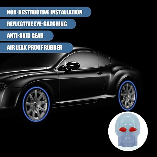 Miniatura 6 de 4 tapas de válvula de neumático de automóvil, mini tapa luminosa en forma de calavera, compatible con la mayoría de automóviles y motocicletas (azul)