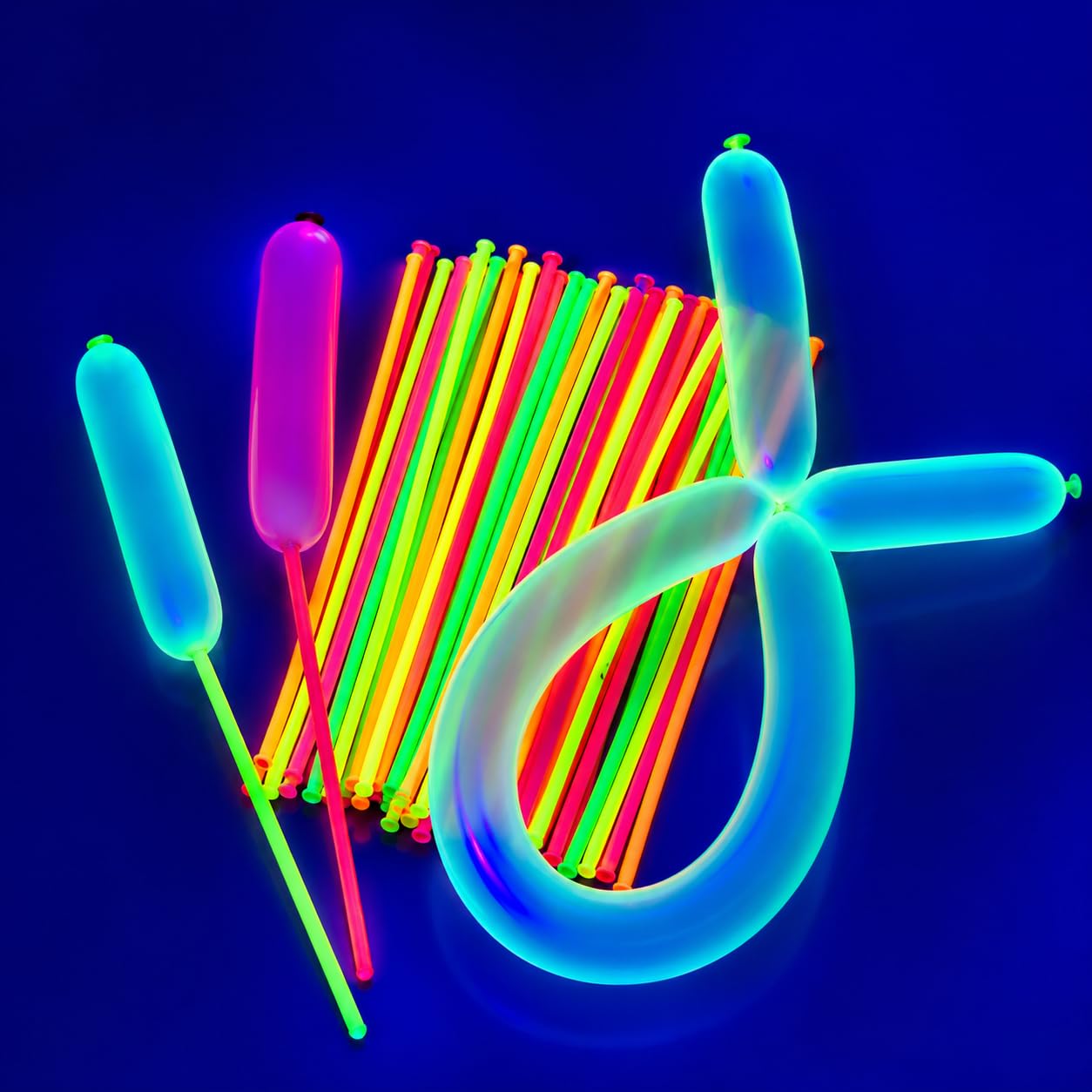 Neon Strip Balloons for Vibrant Party Decorations - 100 Modelling Balloons, Long Animal Shapes & Creative Crafts, UV Reactive Glow in Dark Kit for Kids Birthday, Festival and Event Supplies