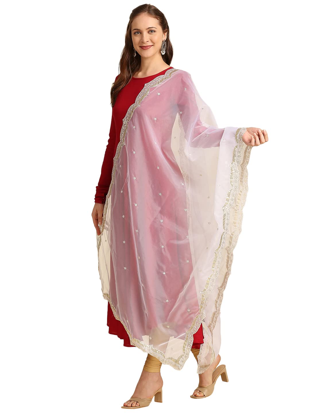 dupatta bazaar Women's Off White Organza Dupatta With Sequins Work & Scalloped Border, free size-picture-26