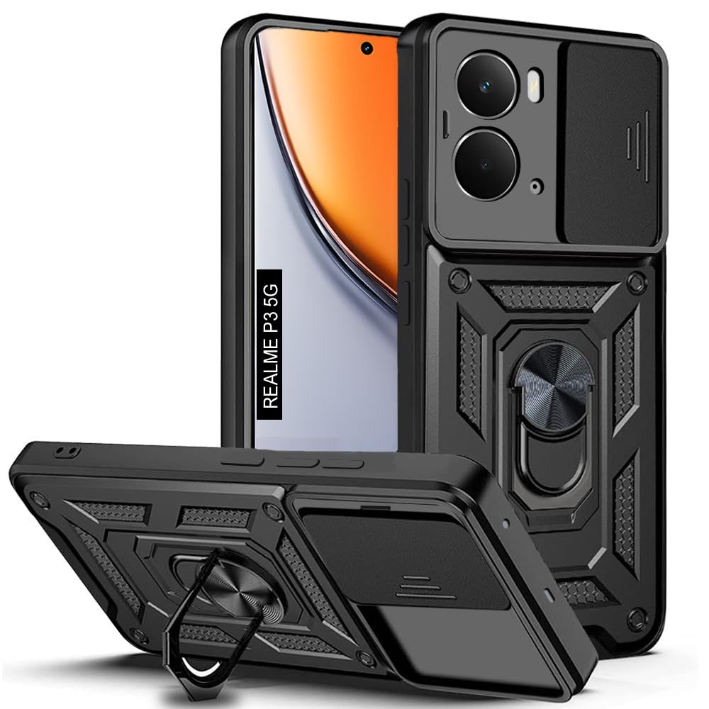 AESTMO Tough Armor Realme P3 5G Bumper Back Case Cover | Ring Holder & Sliding Camera Shield Cover | 360 Degree Protection Back Case Cover for Realme P3 5G (Black)