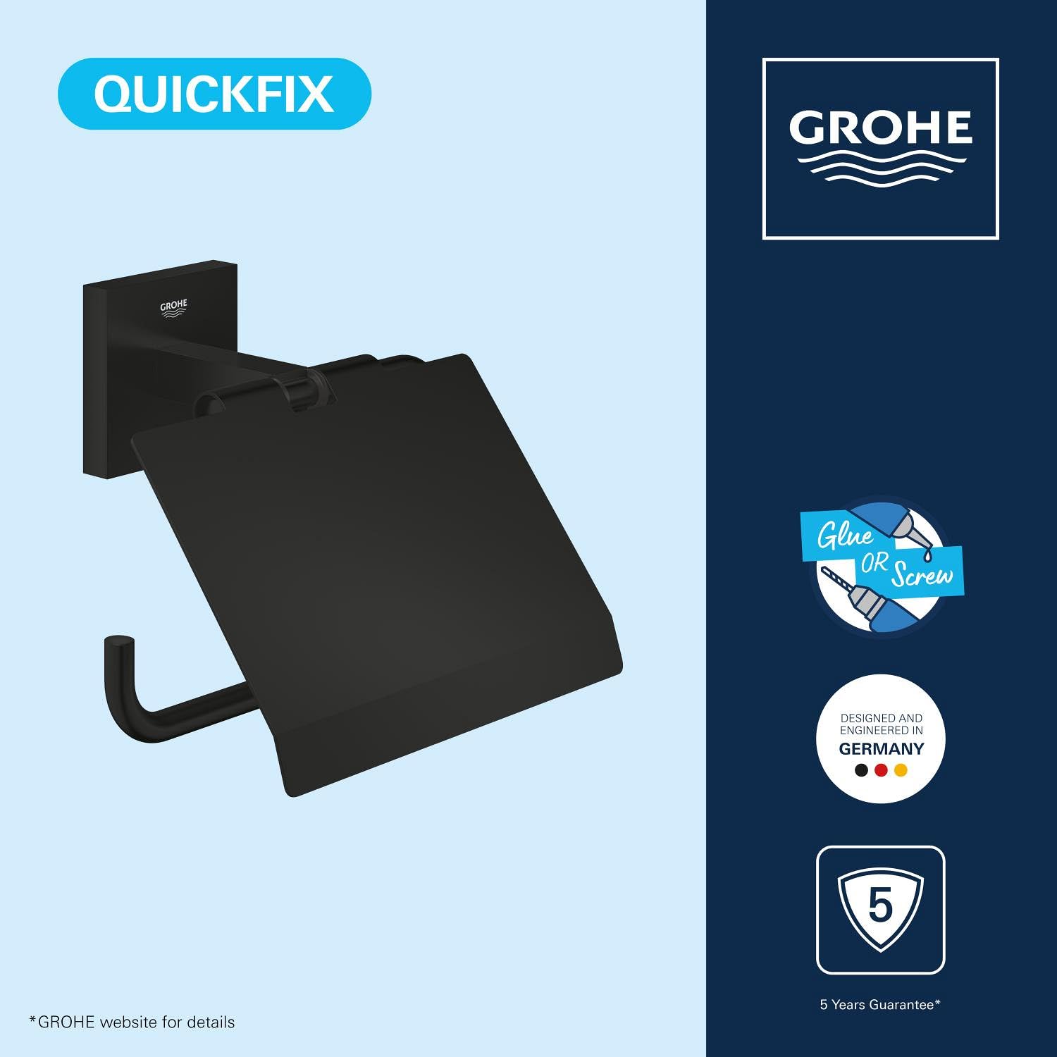 GROHE Lote Start Cube QuickFix - Portarrollos de Papel higiénico con Tapa + A1 QuickGlue (Metal, Montaje en Pared, fijación Oculta, Incluye Tornillos y Tacos), tamaño 111 mm, Negro Mate, 411022430