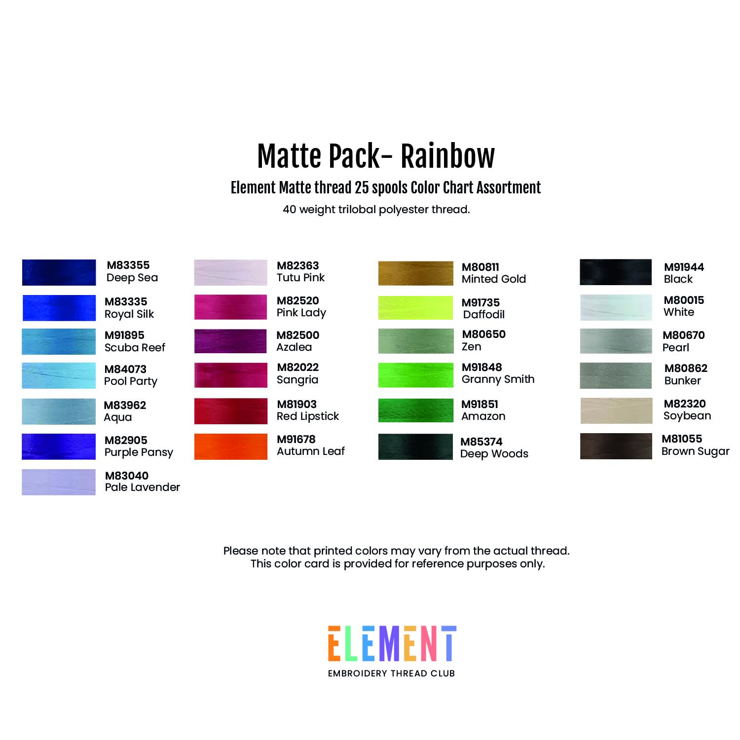 ELEMENT Rainbow Pack | Bandeja de 25 bobinas | Hilo de bordado a máquina | Bobina de 1000 m | 40 W (mate)