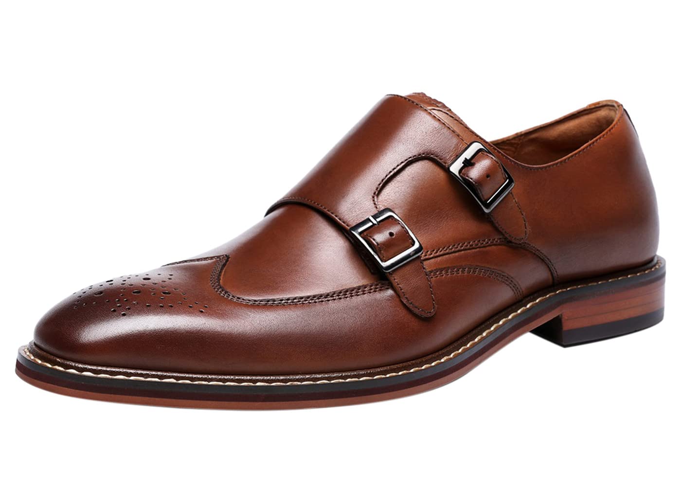 Zapatos de Doble Monje para Hombre, de Cuero, con Correa de Hebilla clásica, sin Cordones, con Punta de ala, Informales, para Boda, Mocasines Brown 42 EU