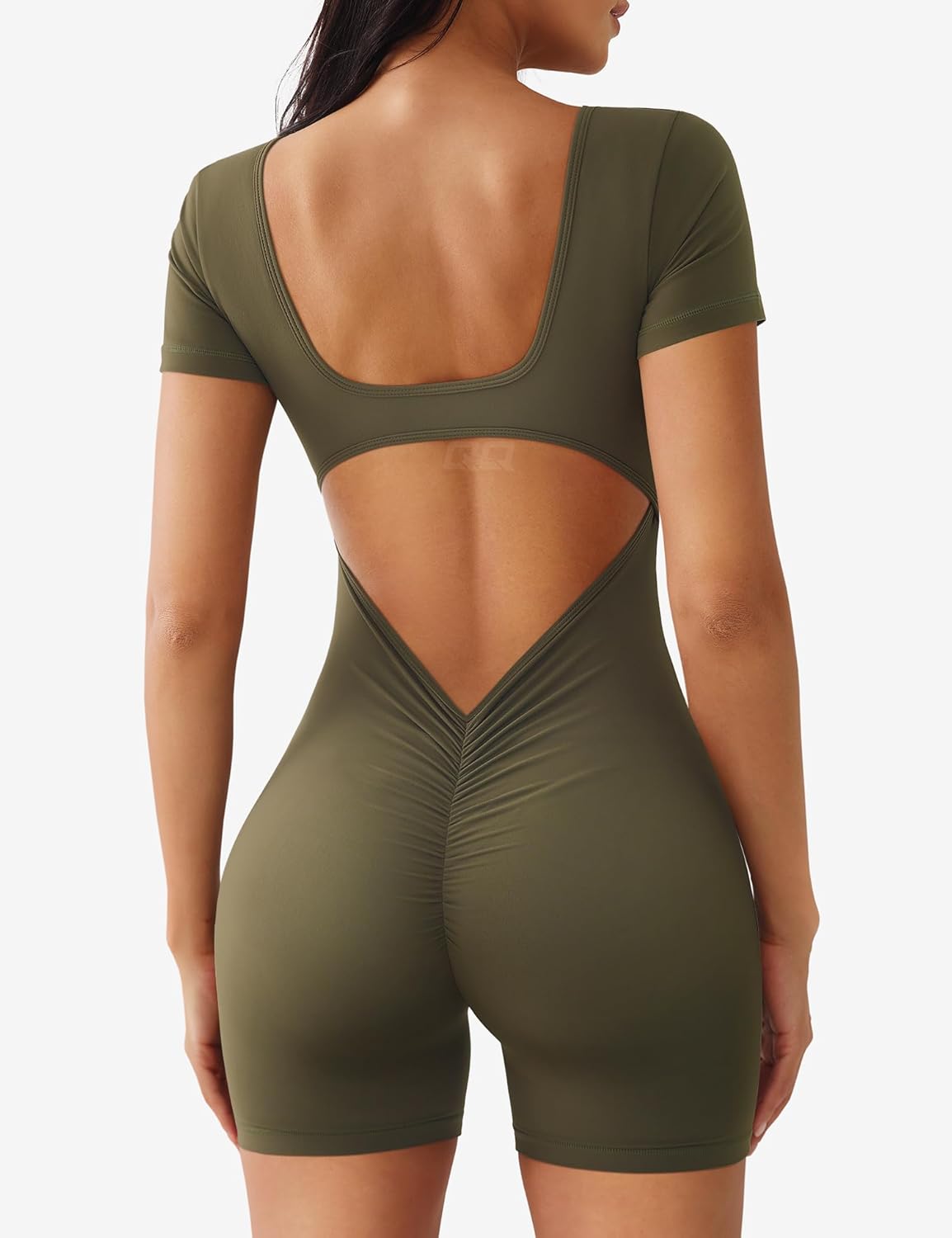 QOQ Womens Workout Jumpsuits Shorts Sleeve Square Neck Backless One Piece Bodycon Scrunch Butt Yoga Rompers - Image 5