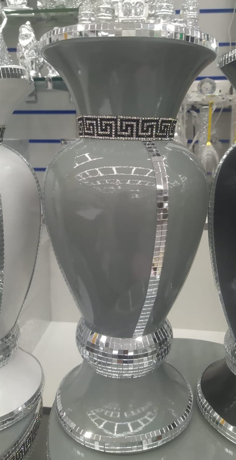 Biznest Floor Grey Vase 13 Large 40Cm Crushed Diamond Crystal Sparkly Silver Mirrored Floor Vase